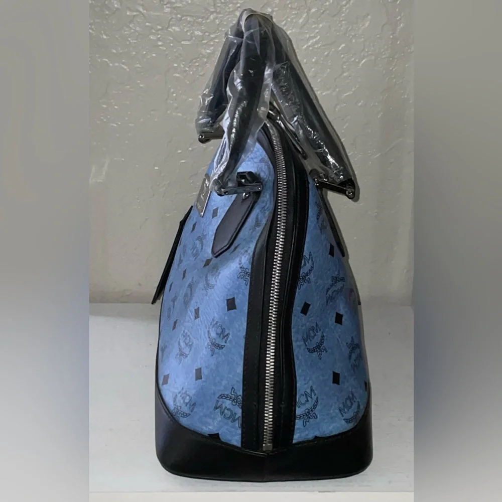 MCM SIGNATURE LEATHER DOMED TOP HANDLE SATCHEL HANDBAG PURSE DENIM BLUE BLACK